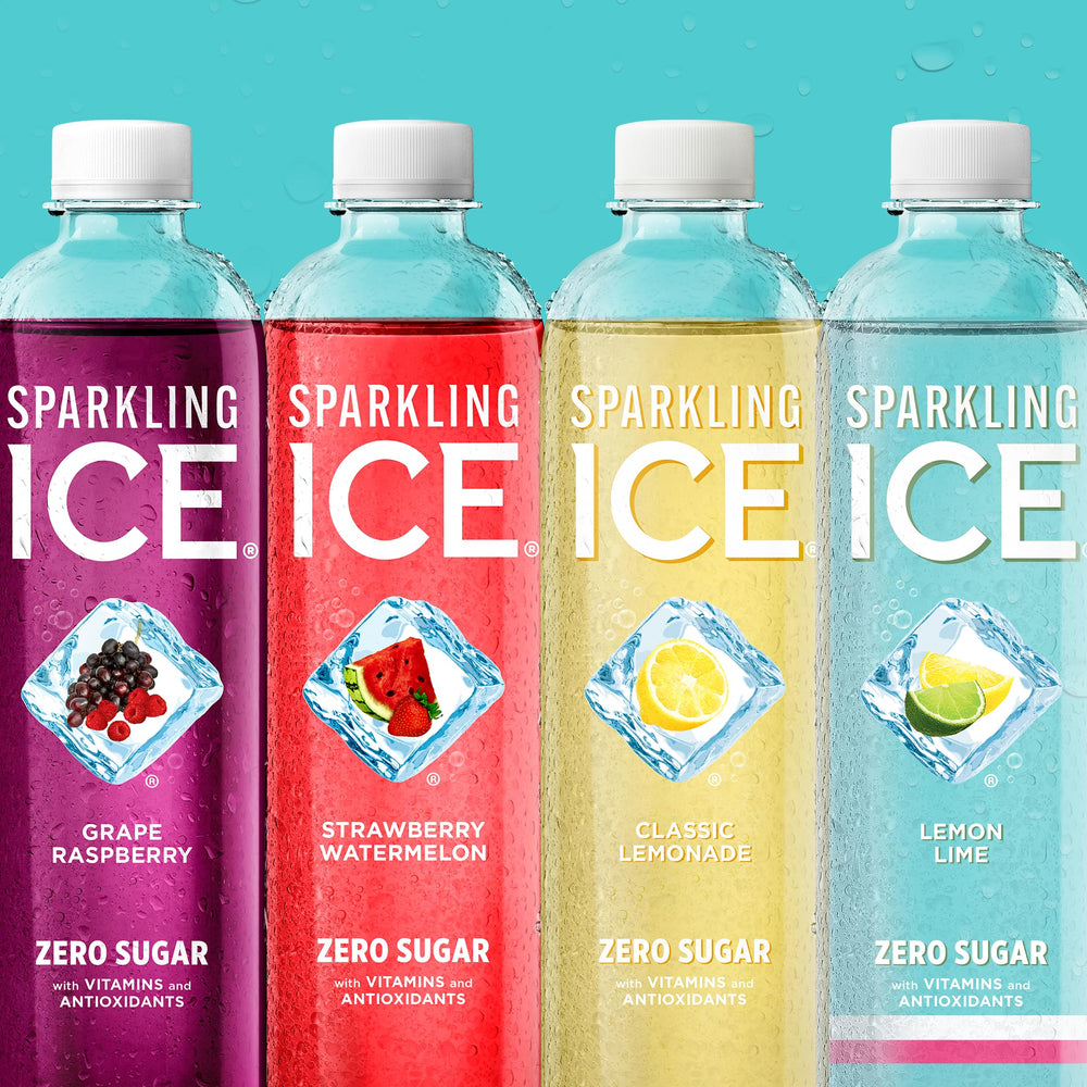 Sparkling Ice Blue zero sugar claim on bottle emphasizes calorie-conscious choice