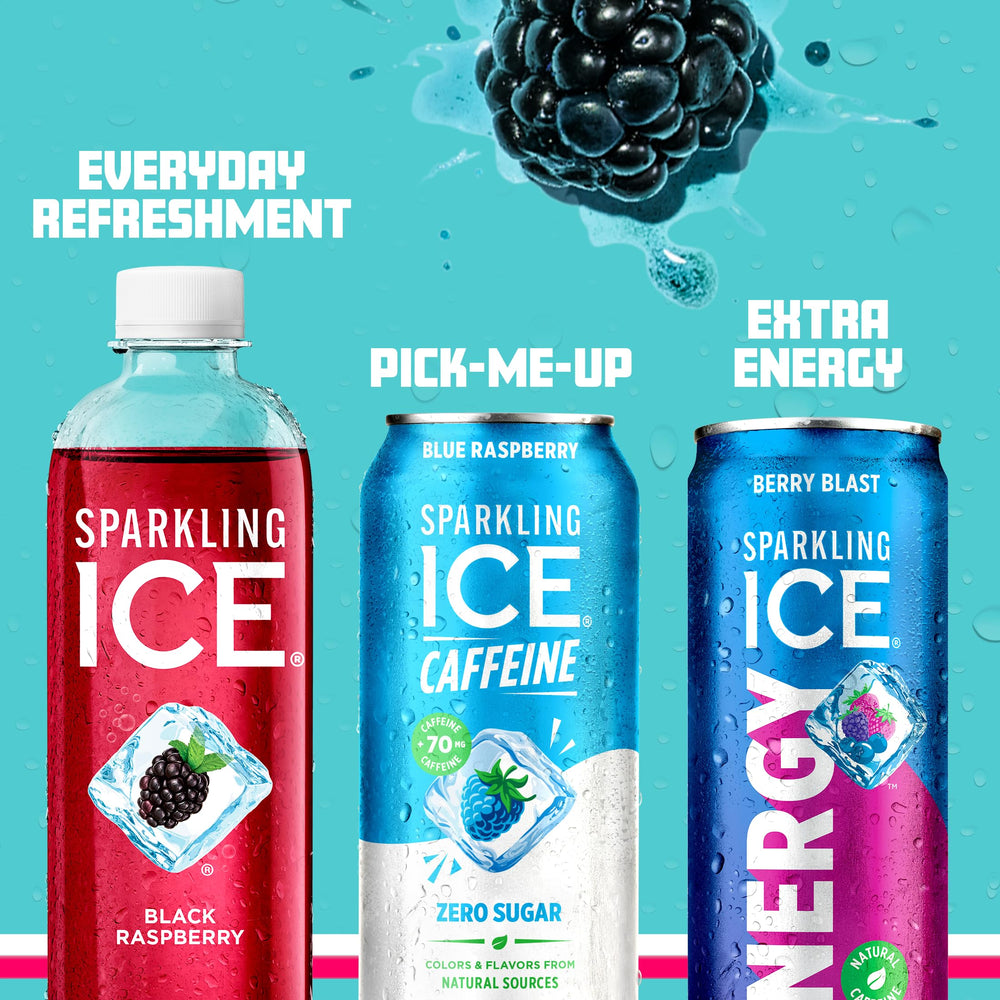 Colorful splash behind Sparkling Ice Caffeine Blue Raspberry highlighting vibrant flavor.