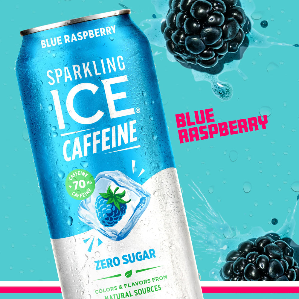 Close-up of Sparkling Ice label detail emphasizing caffeine boost option.