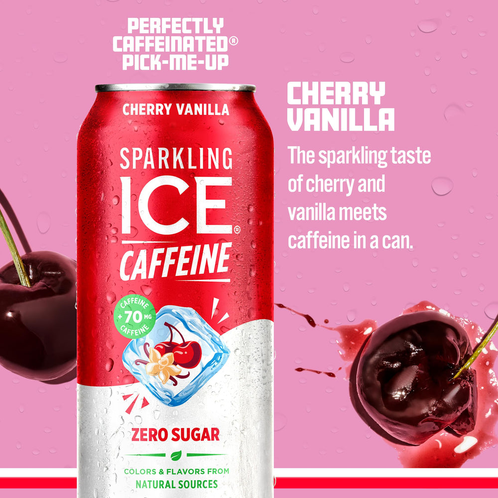 Sparkling Ice Caffeine Cherry Vanilla bubbles with real fruit flavor