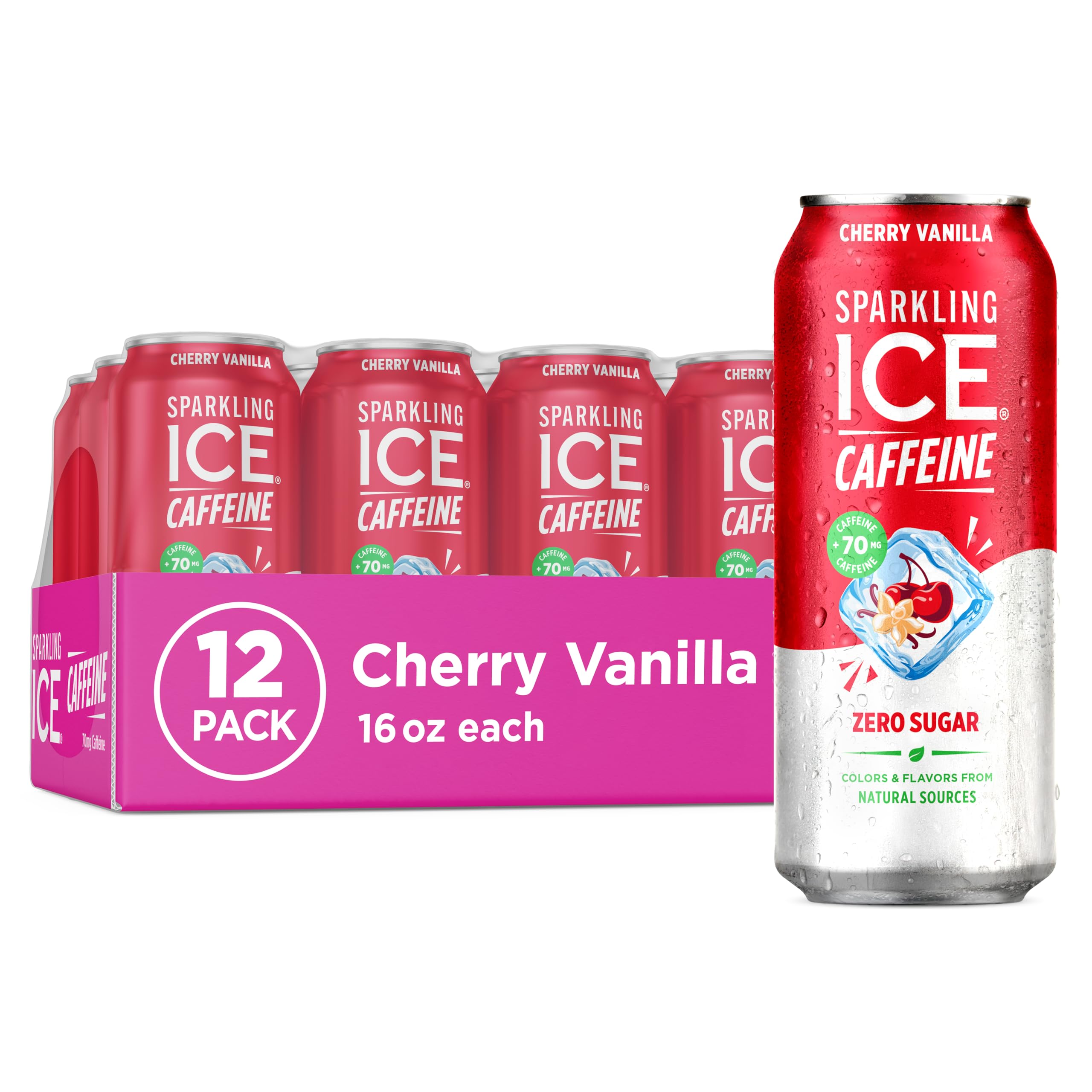 Sparkling Ice Caffeine Cherry Vanilla can front view shows zero sugar and antioxidants