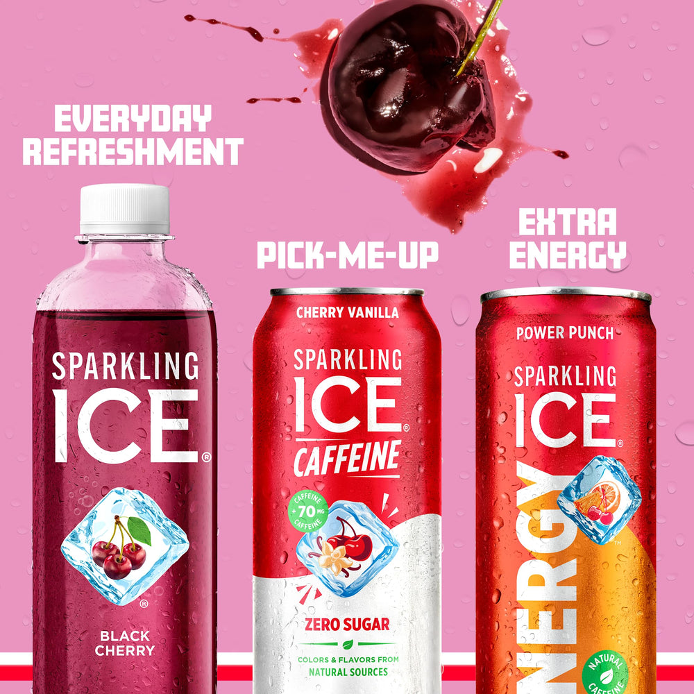 Glass or can shot of Sparkling Ice Caffeine Cherry Vanilla highlighting flavor and fizz