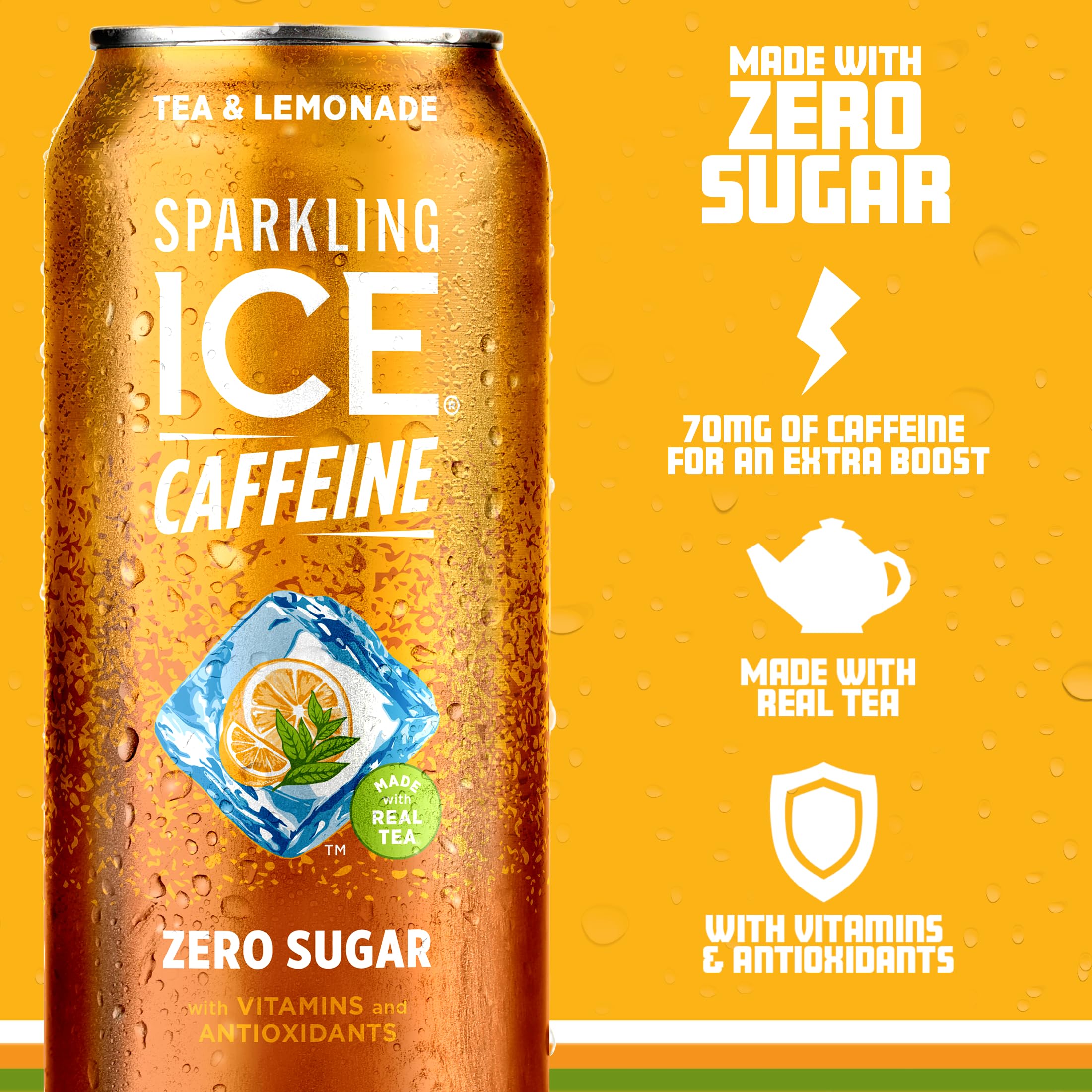 Pack of 12 Sparkling Ice Caffeine beverages on a kitchen shelf.