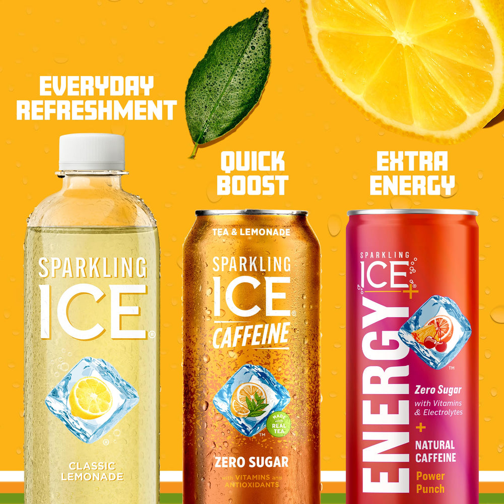 Sparkling Ice caffeine tea lemonade displayed beside a workout bottle.