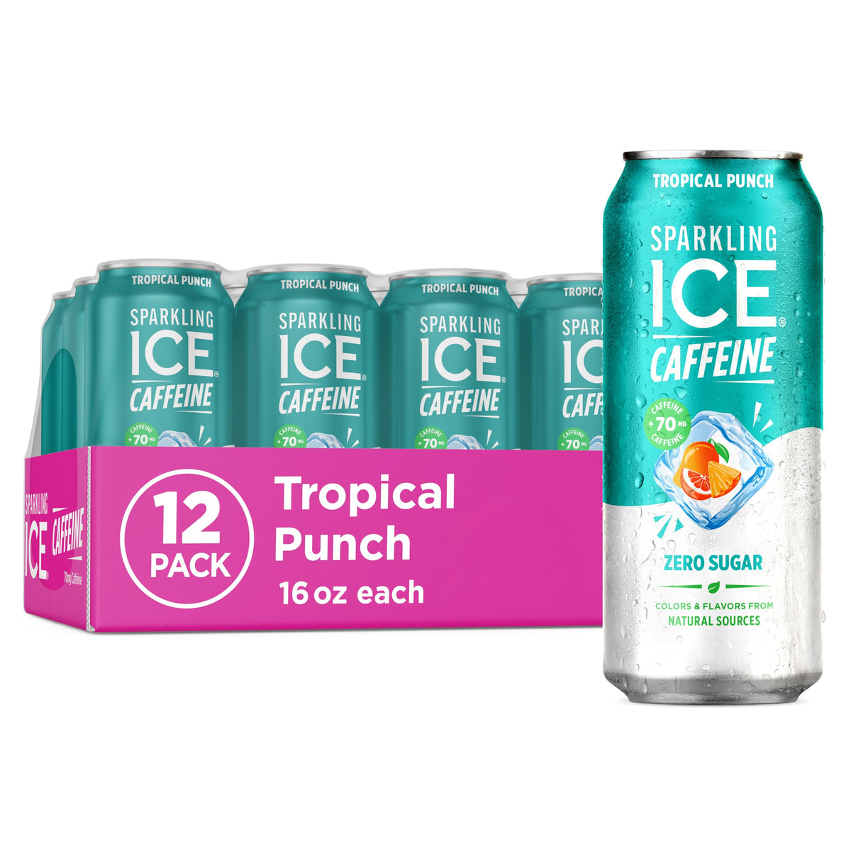 Sparkling Ice Caffeine Tropical Punch bottle front with caffeine boost