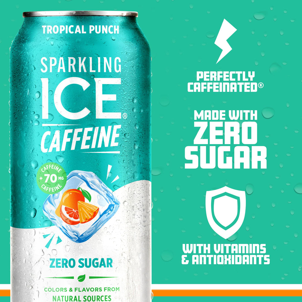 Sparkling Ice Caffeine Tropical Punch label shows vitamins and antioxidants