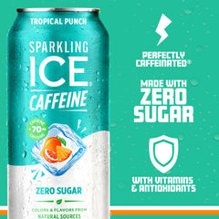 Sparkling Ice Caffeine Tropical Punch label shows vitamins and antioxidants