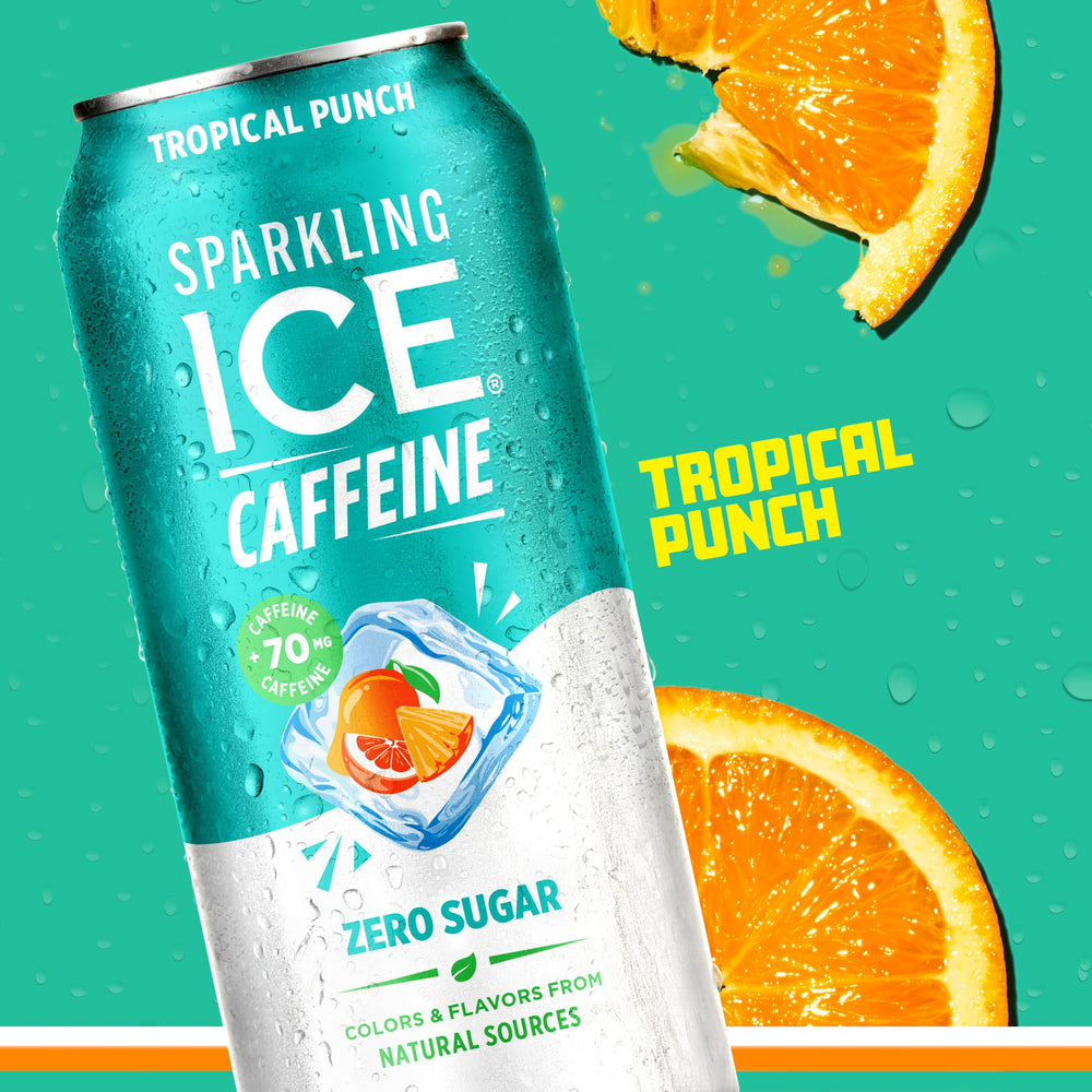 Sparkling Ice Caffeine Tropical Punch can on counter ready to drink