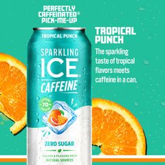 Sparkling Ice Caffeine Tropical Punch being poured over ice for refreshment