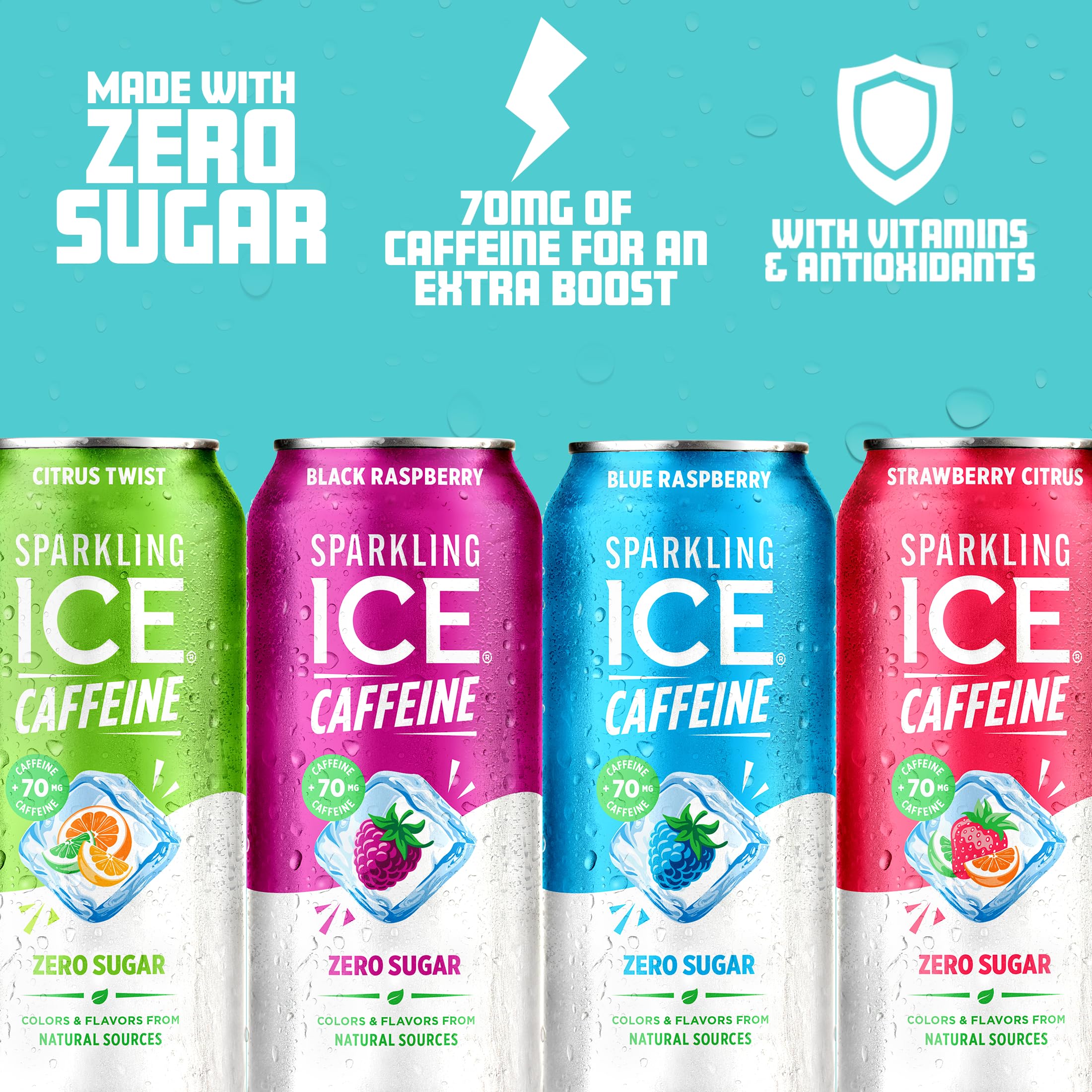 Sparkling Ice Caffeine zero sugar badge indicating sugar-free option.