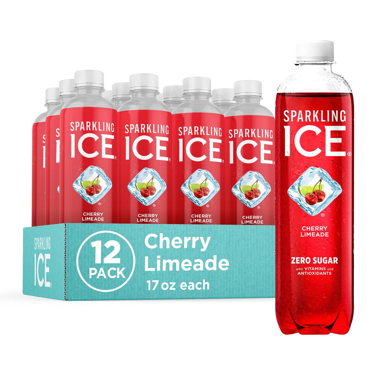 Sparkling Ice Cherry Limeade bottle front with zero sugar claim