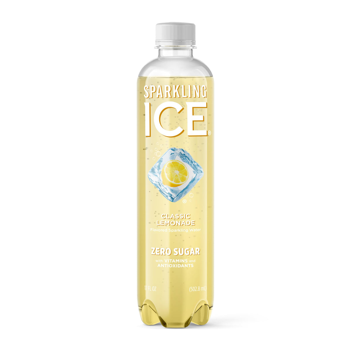 Sparkling Ice Classic Lemonade bottle closeup highlights bold flavor and zero sugar.
