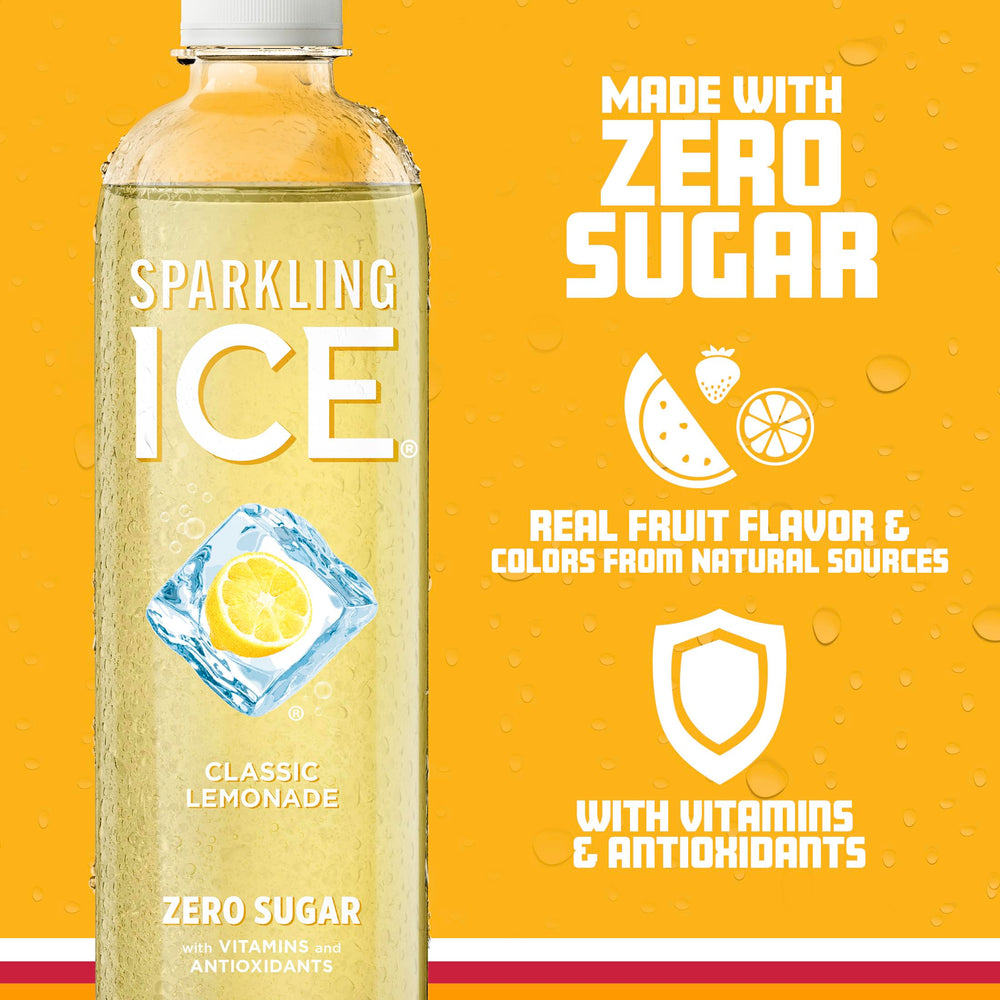 Front-view Sparkling Ice Classic Lemonade bottle ready for on-the-go refreshment.
