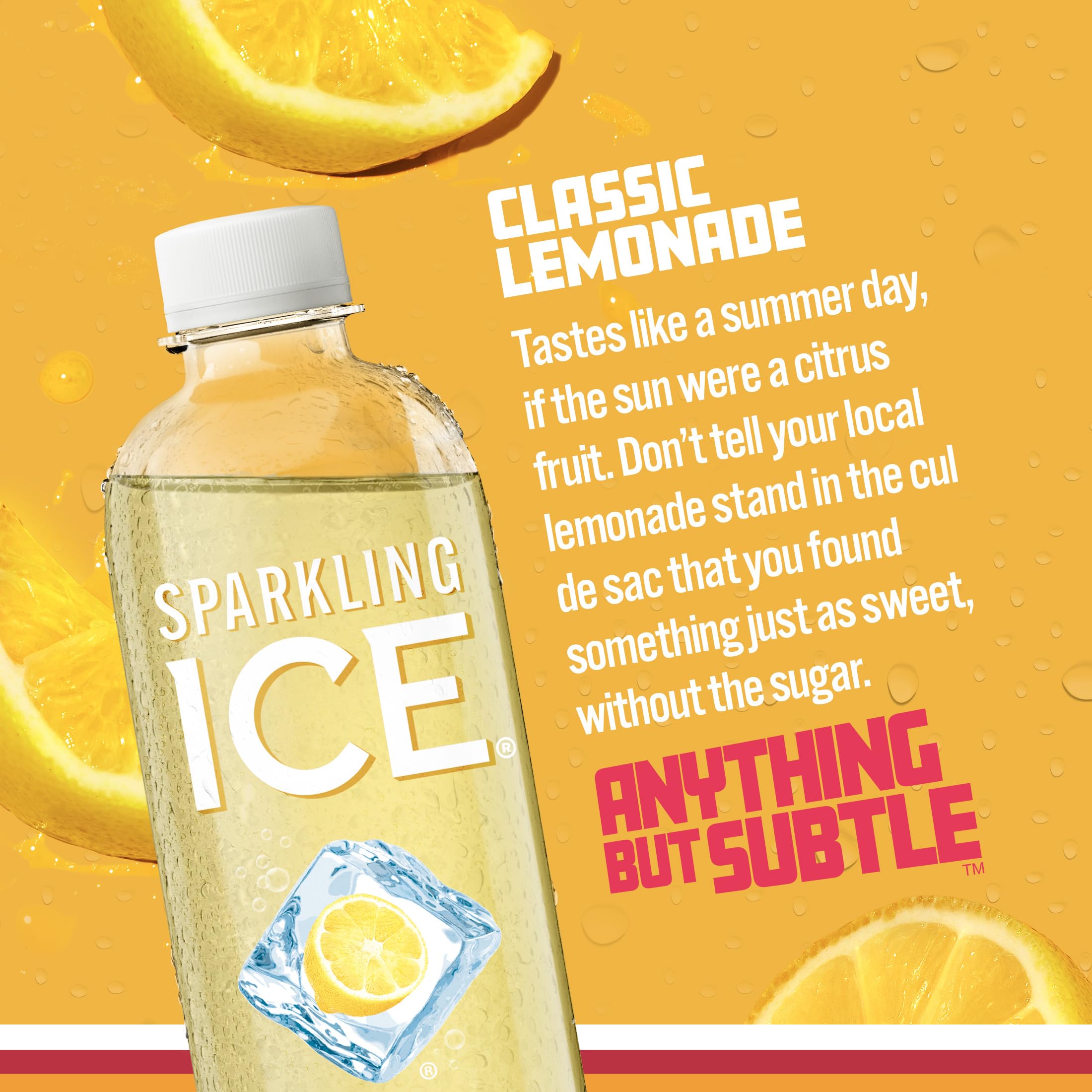 Glass with bubbles shows Sparkling Ice Classic Lemonade's crisp aroma.
