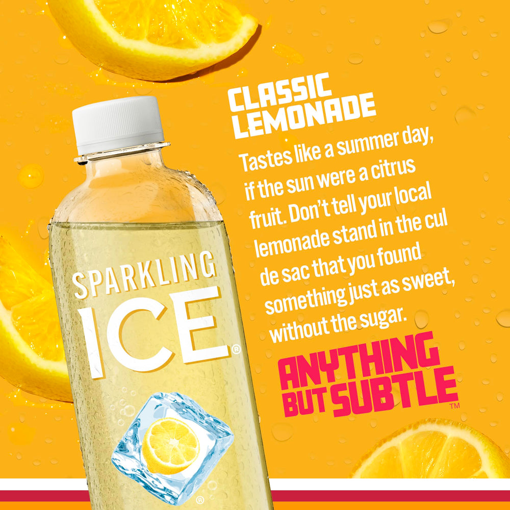 Glass with bubbles shows Sparkling Ice Classic Lemonade's crisp aroma.
