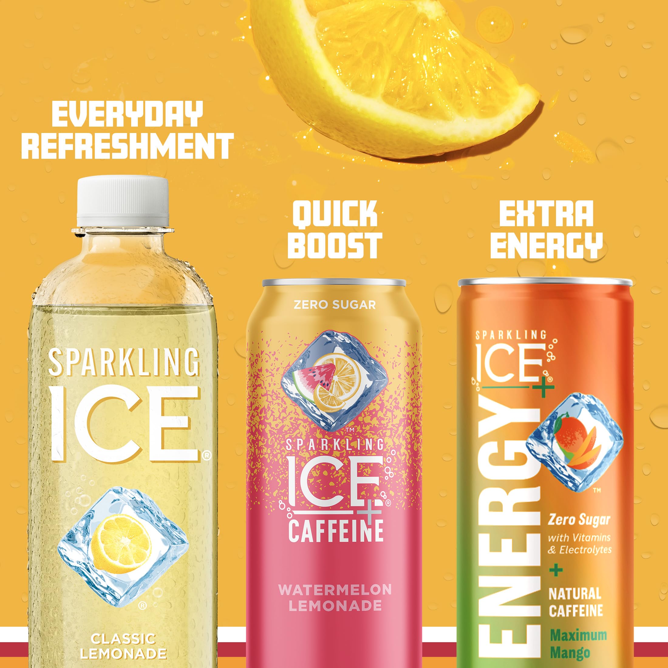 Bottle and ingredients layout of Sparkling Ice Classic Lemonade highlighting vitamins.