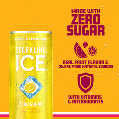 Sparkling Ice Classic Lemonade label highlights vitamins B6, B12, and E for a boost