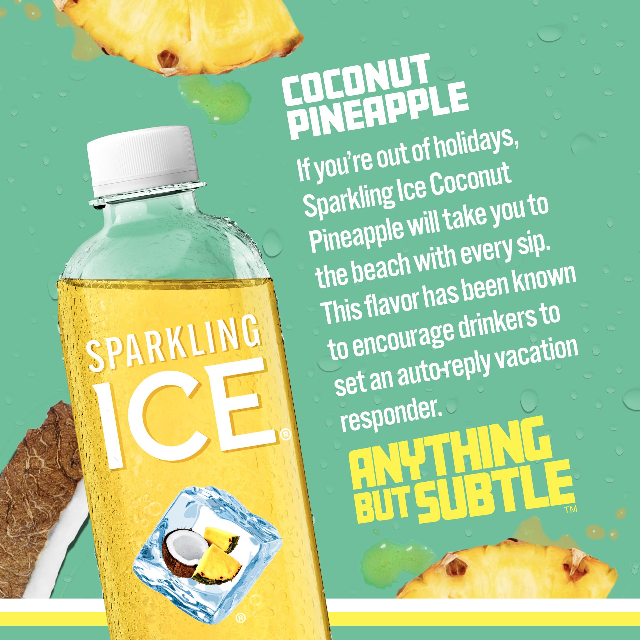 12-bottle pack display of Sparkling Ice Coconut Pineapple for sharing