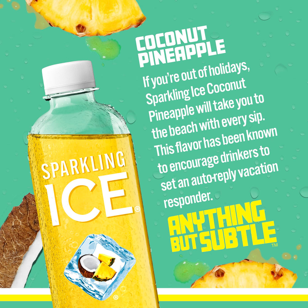 12-bottle pack display of Sparkling Ice Coconut Pineapple for sharing