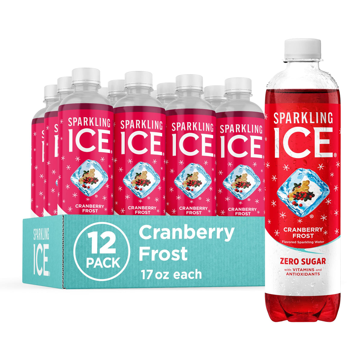 Sparkling Ice Cranberry Frost bottle 17oz offering zero sugar refreshment and vibrant flavor.