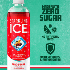 Sparkling Ice Cranberry Frost label closeup highlights natural colors and no artificial dyes.