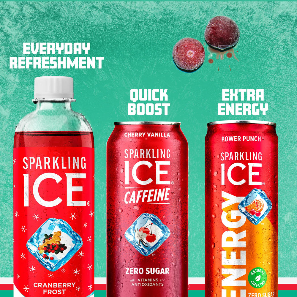 Sparkling Ice Cranberry Frost stacked bottles convey value and party-ready hydration.