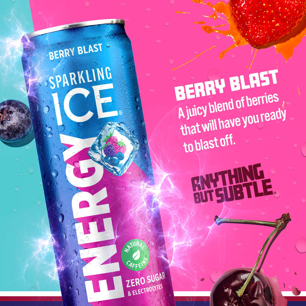 Pouring Sparkling Ice Energy Berry Blast showing fizz and berry color