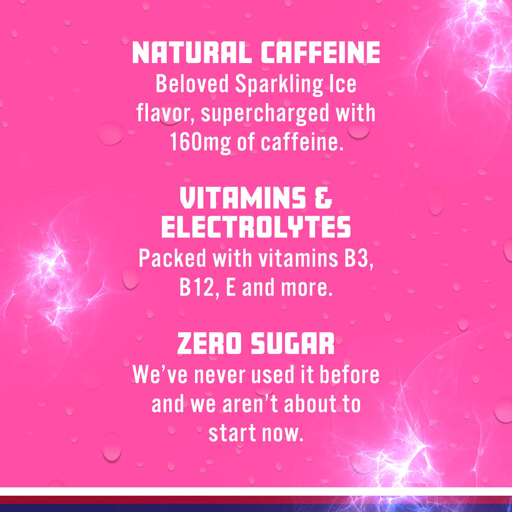 Twelve-pack display of Sparkling Ice Energy Berry Blast highlighting zero sugar