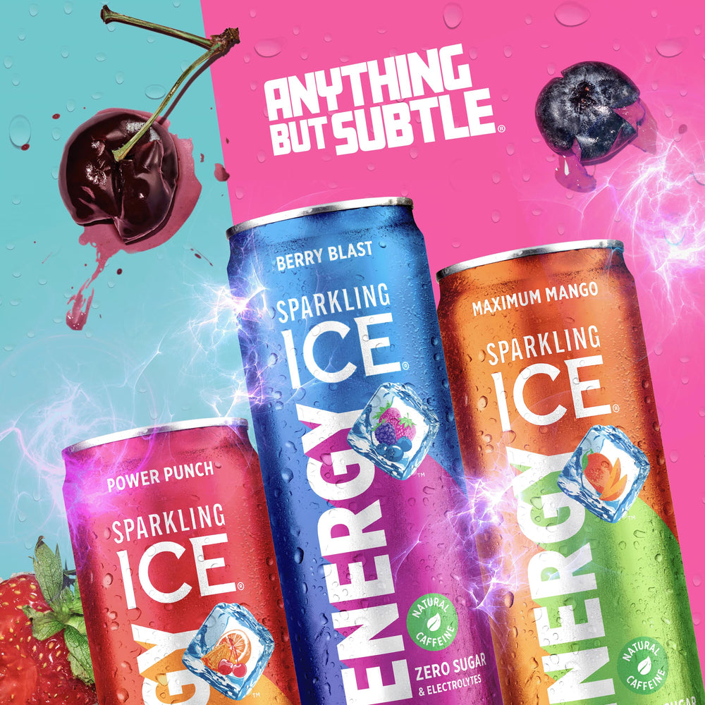 Recycling symbol beside Sparkling Ice Energy Berry Blast can