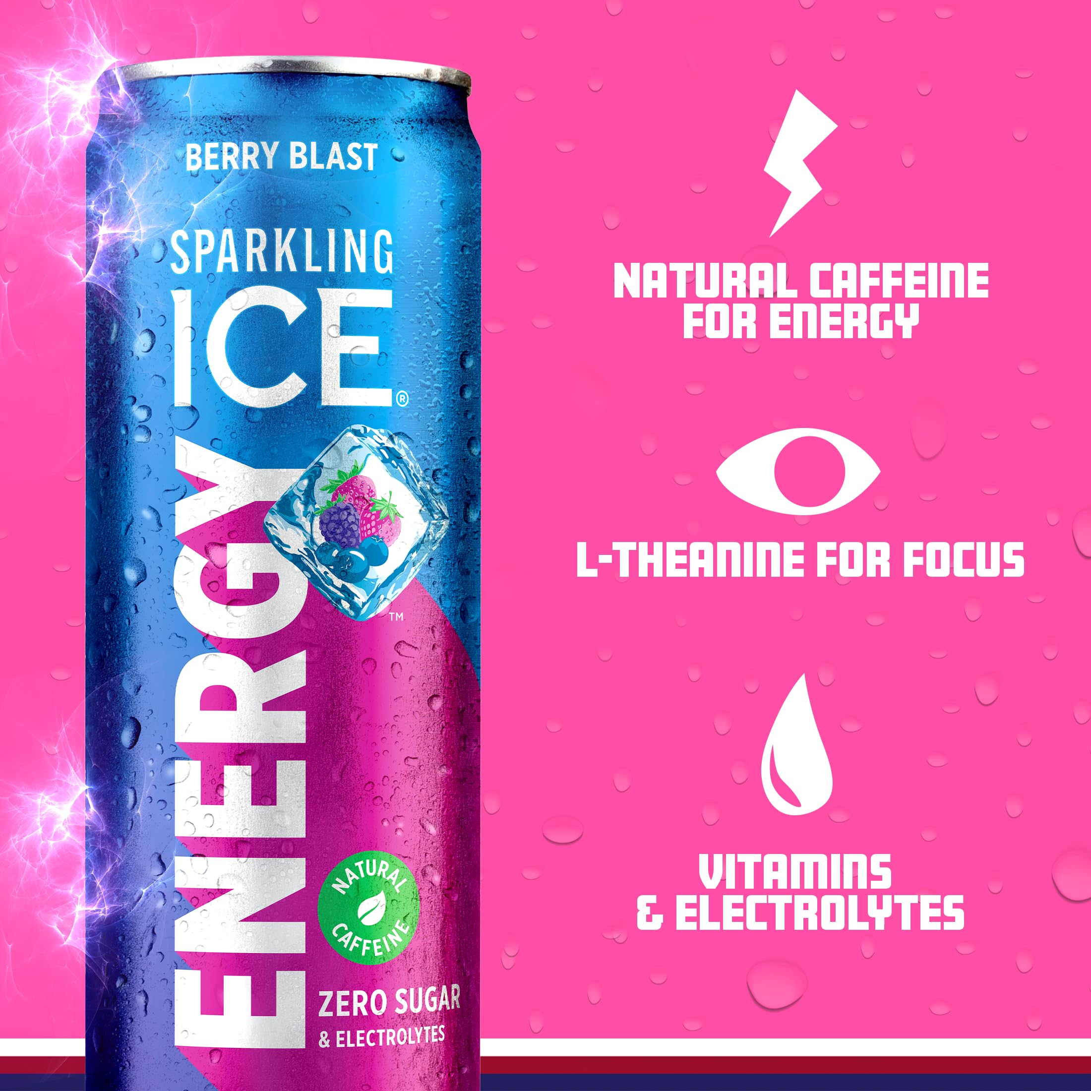 Close-up on vitamins and electrolytes in Sparkling Ice Energy Berry Blast