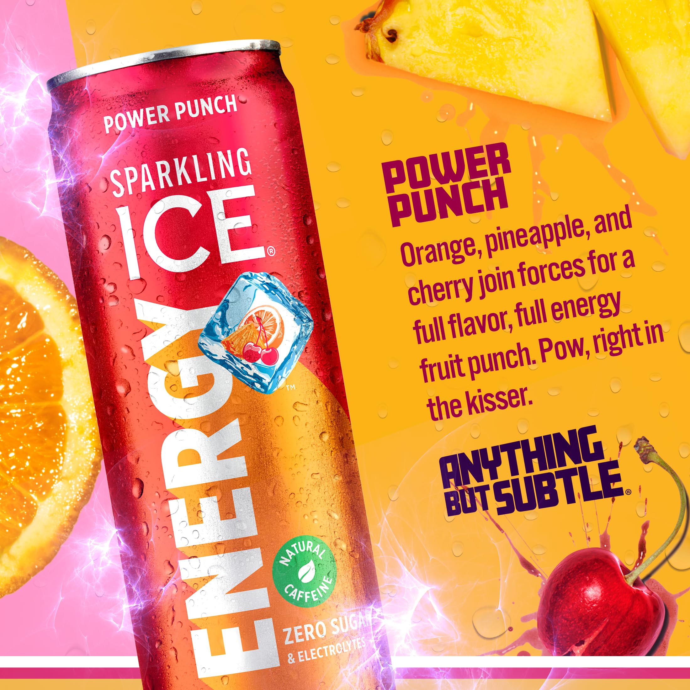Sparkling Ice Energy Power Punch label art emphasizes vitamins B3, E, and B12