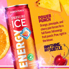 Sparkling Ice Energy Power Punch label art emphasizes vitamins B3, E, and B12
