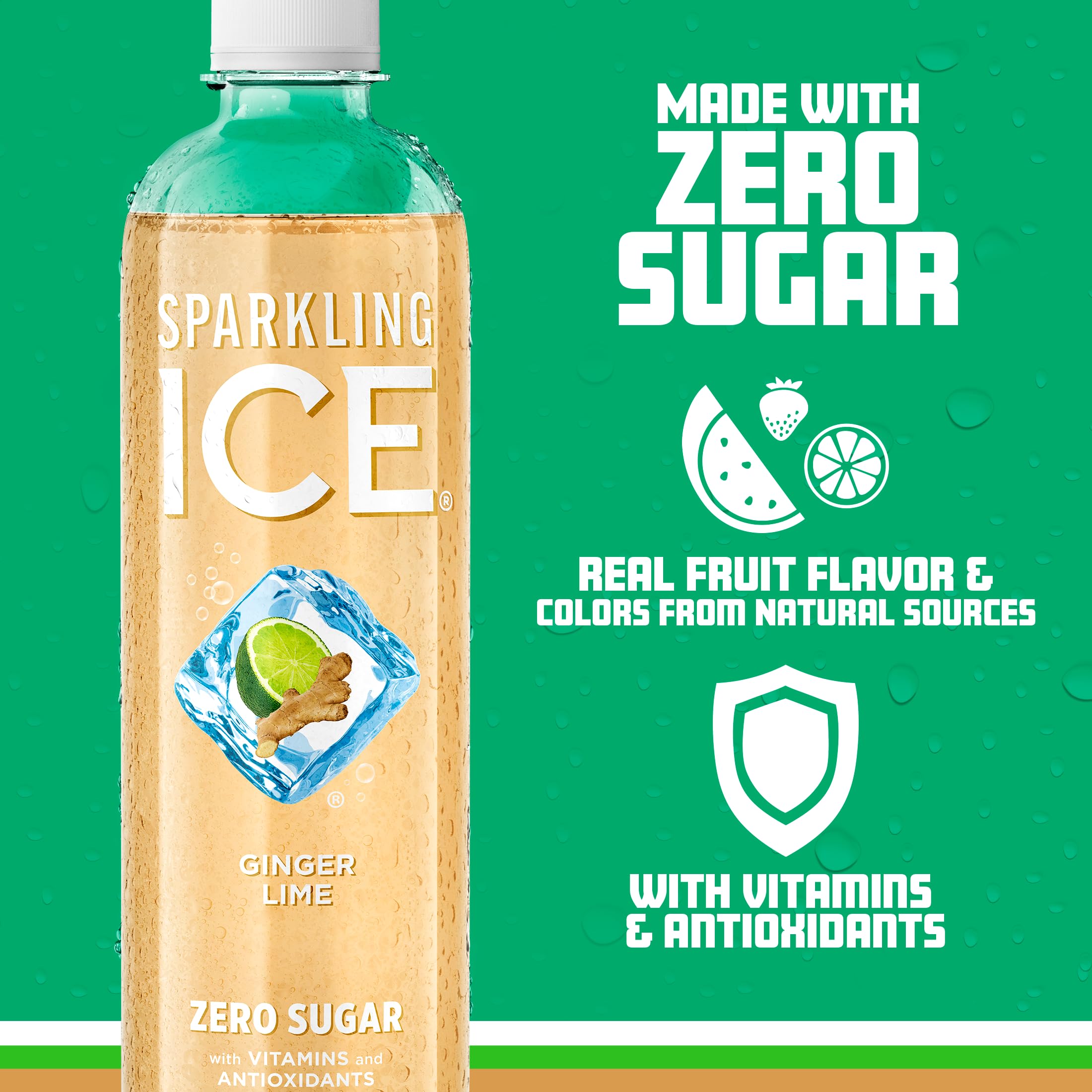 Close-up of Sparkling Ice Ginger Lime label showing natural color sources.