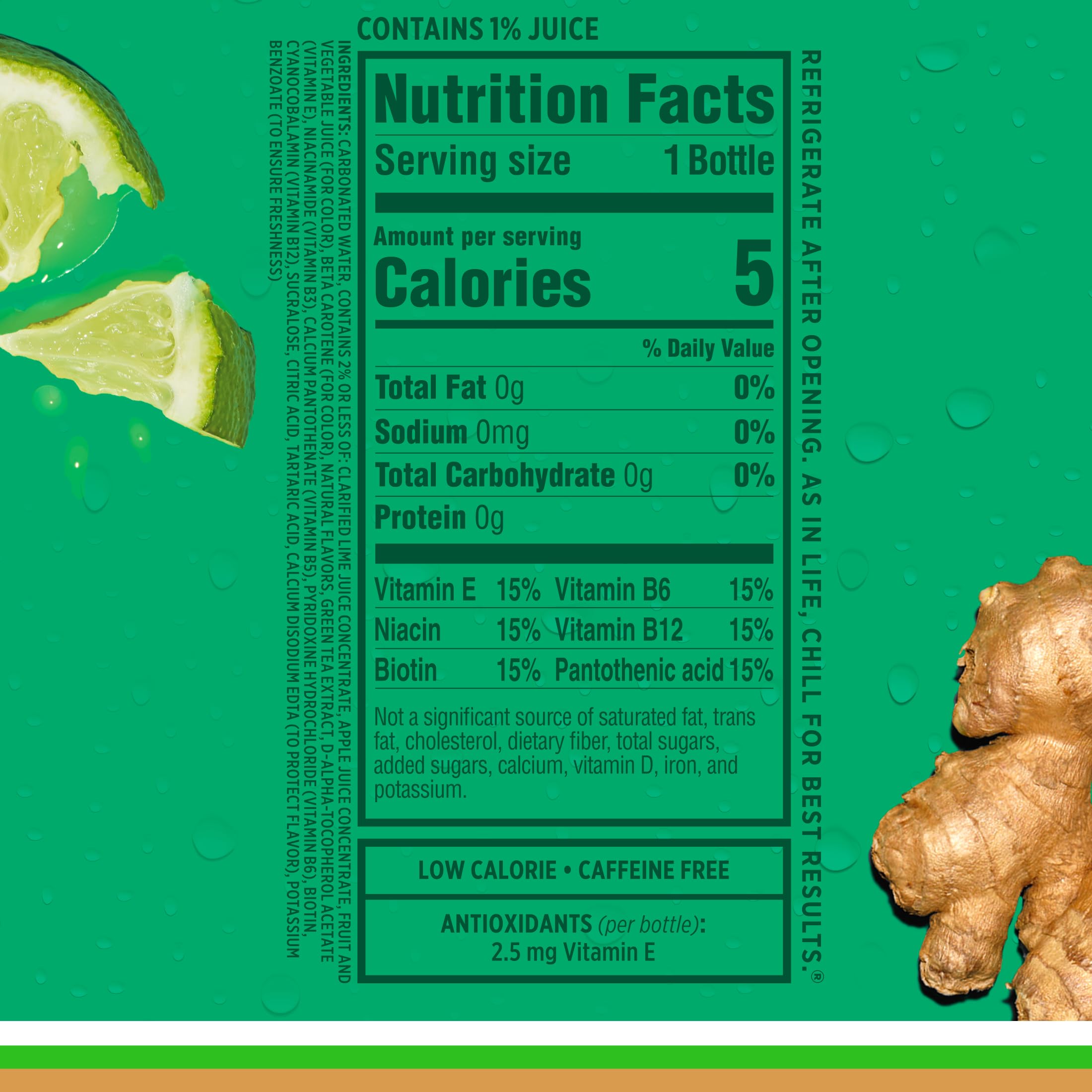 Sparkling Ice Ginger Lime bottle with vitamin icons indicating nutrients.