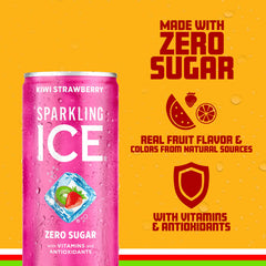 Close-up of kiwi and strawberry flavor on Sparkling Ice label fruit slice.