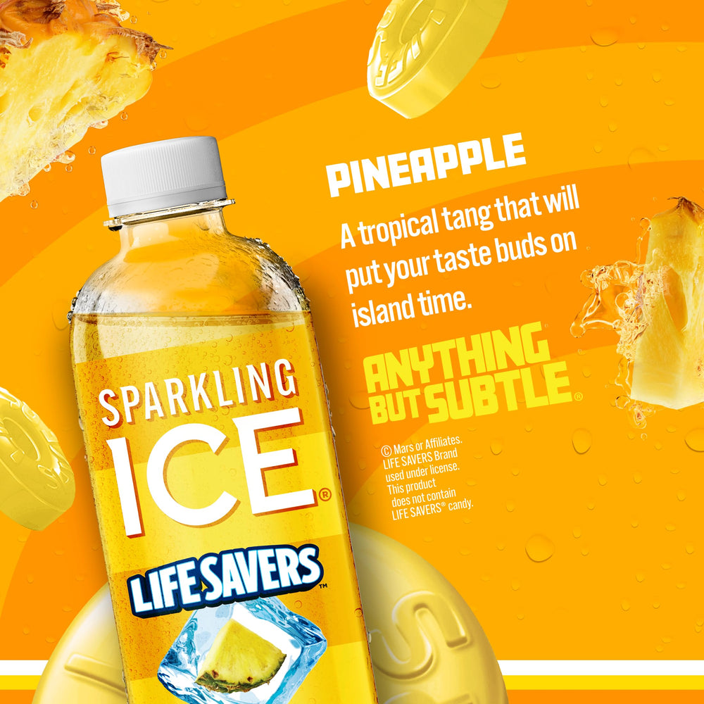 Sparkling Ice Lifesavers Pineapple bottle pour demonstrates convenient, low-calorie hydration.