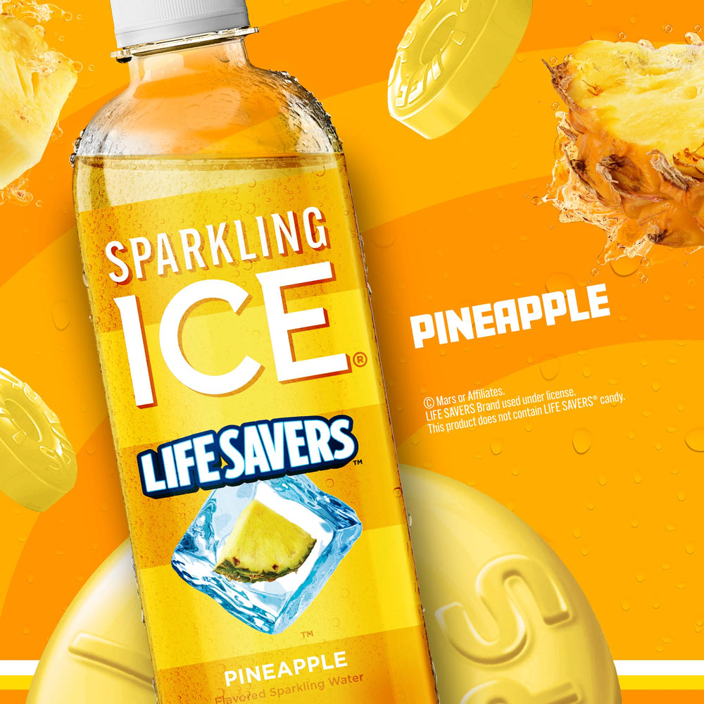 Sparkling Ice Lifesavers Pineapple bottle side view for easy grip and sip.