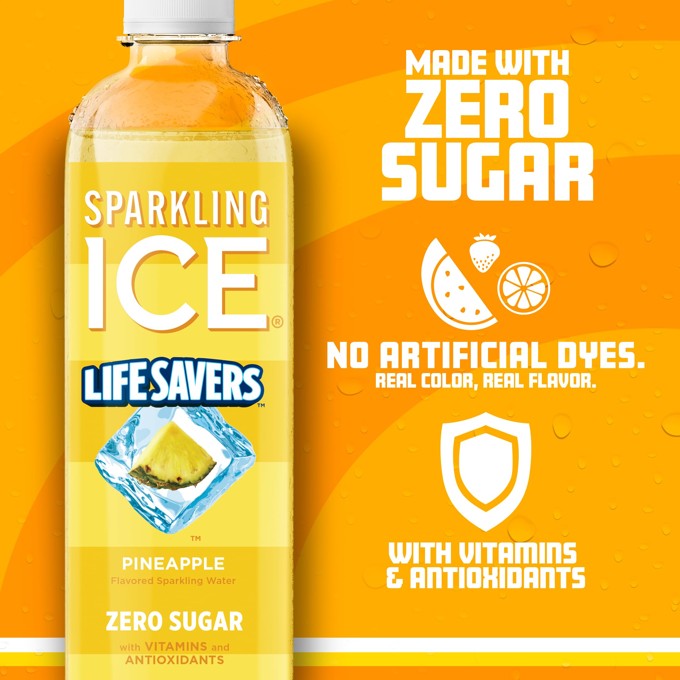 Sparkling Ice Lifesavers Pineapple glass with ice suggests a refreshing mocktail option.