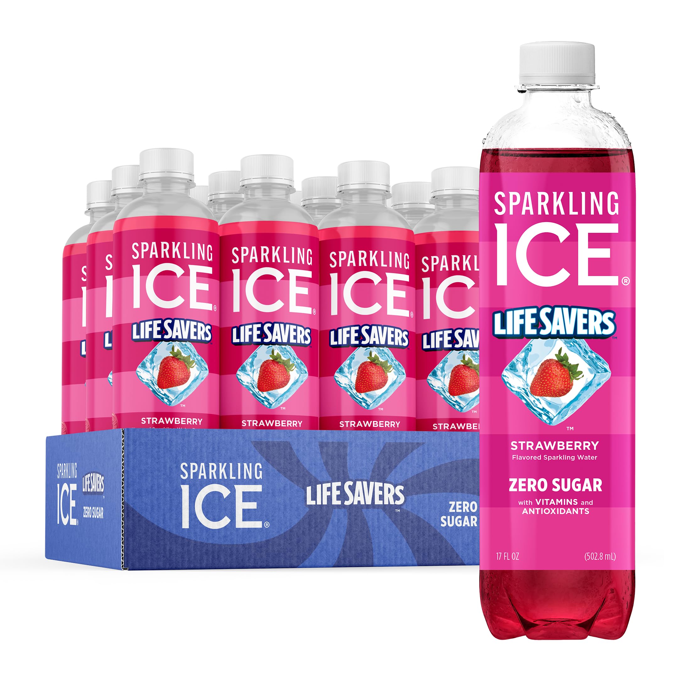 Sparkling Ice Lifesavers Strawberry bottle highlights vibrant flavor with zero sugar for a refreshing option.