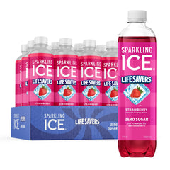 Sparkling Ice Lifesavers Strawberry bottle highlights vibrant flavor with zero sugar for a refreshing option.