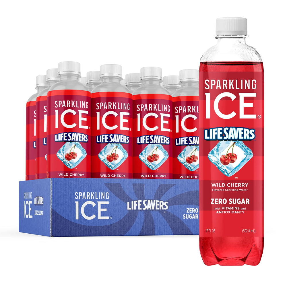 Sparkling Ice Lifesavers Wild Cherry bottle shows zero sugar and bold flavor