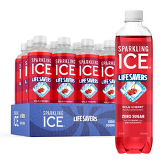 Sparkling Ice Lifesavers Wild Cherry bottle shows zero sugar and bold flavor