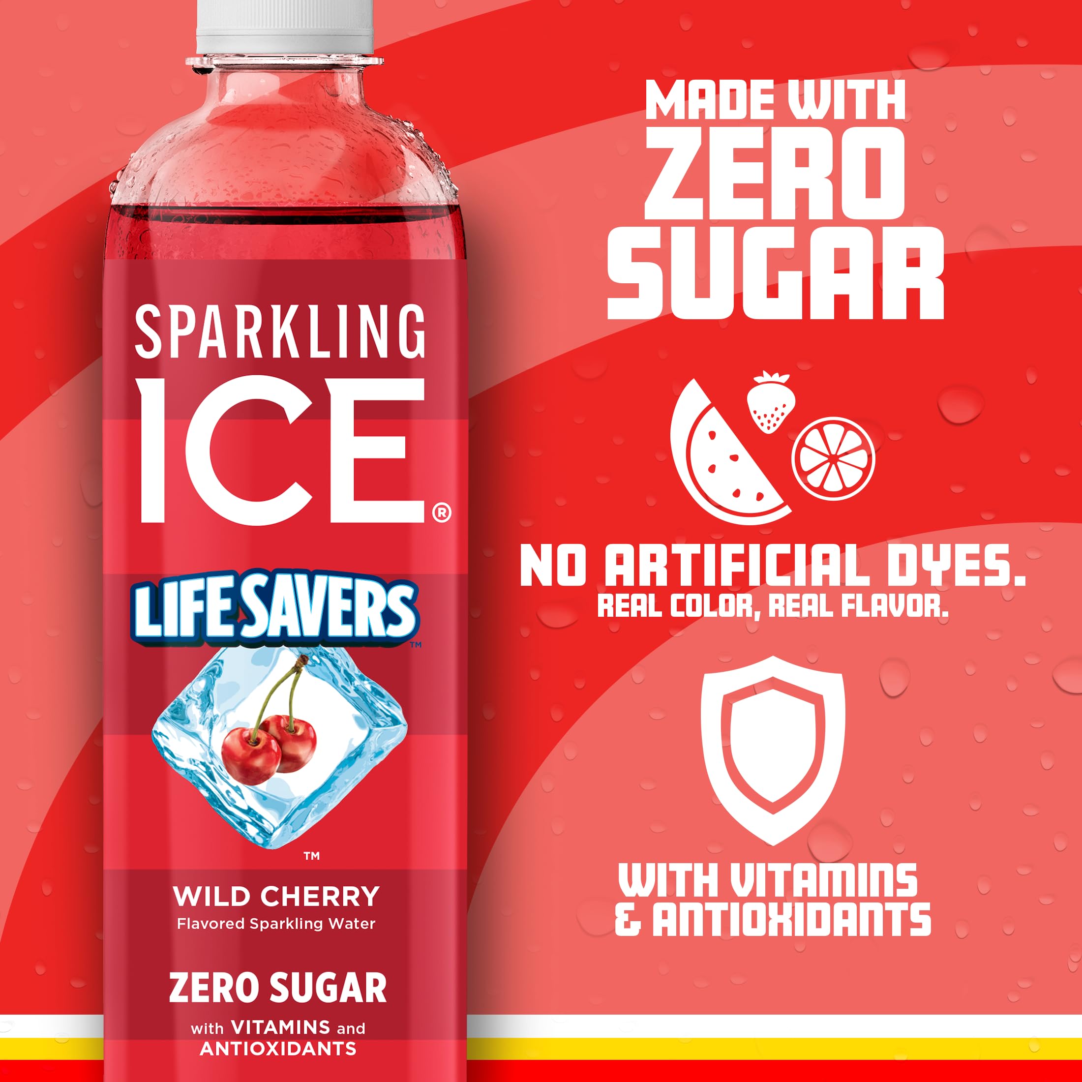 Sparkling Ice Lifesavers Wild Cherry label close-up highlighting vitamins and antioxidants