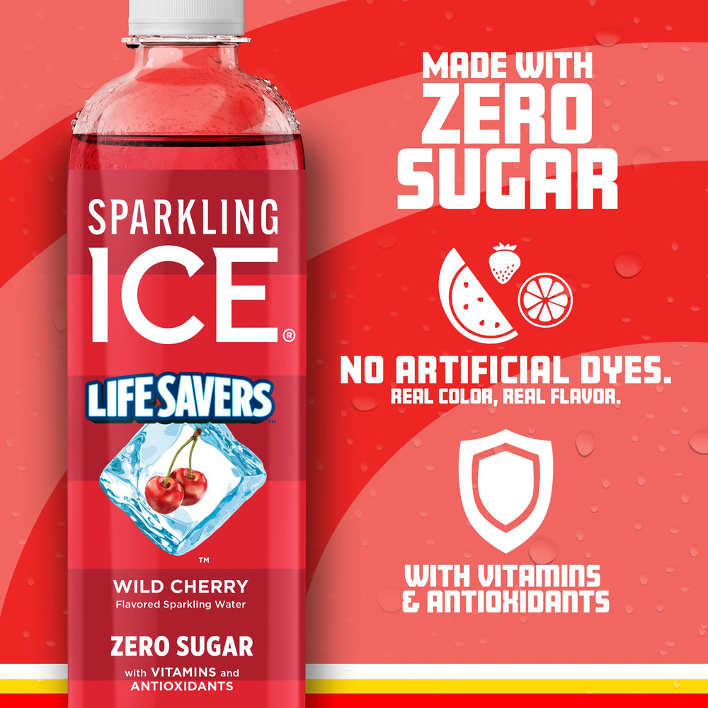 Sparkling Ice Lifesavers Wild Cherry label close-up highlighting vitamins and antioxidants