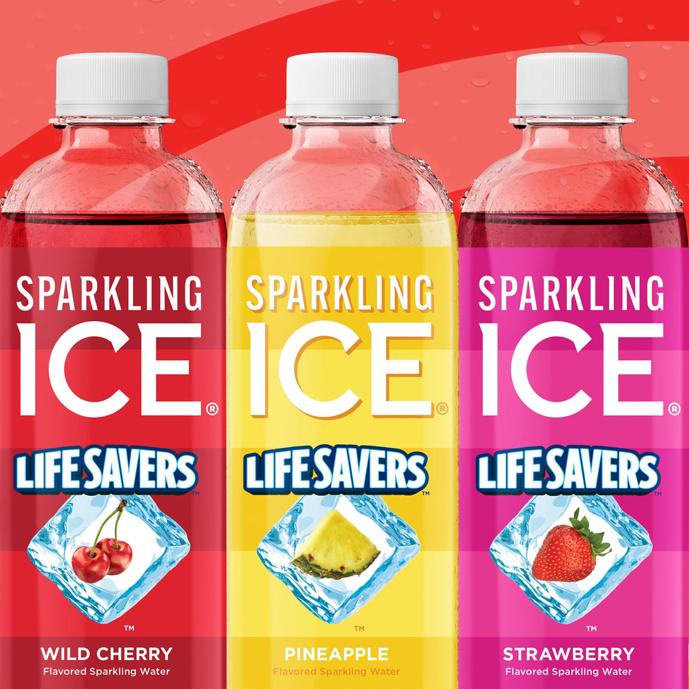 Sparkling Ice Lifesavers Wild Cherry 12-pack displayed on a fridge shelf