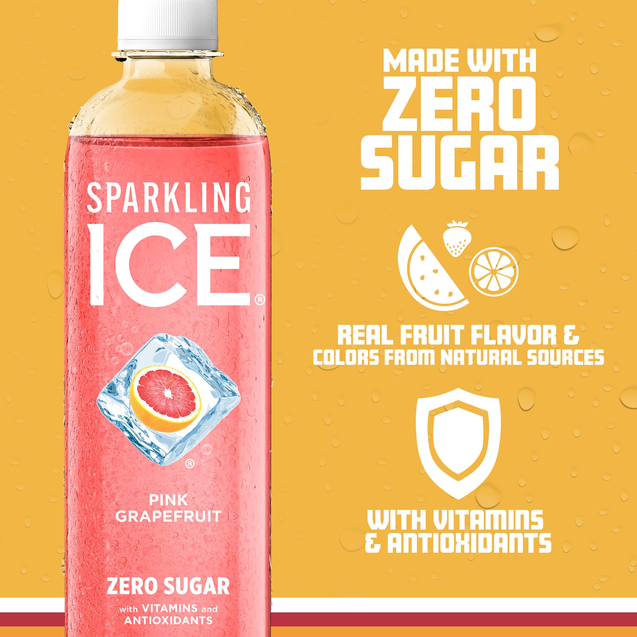 Sparkling Ice Pink Grapefruit being poured, showing effervescence and citrus aroma