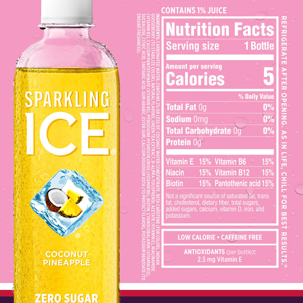 Sparkling Ice Coconut Pineapple pour captures tropical aroma and crisp finish.