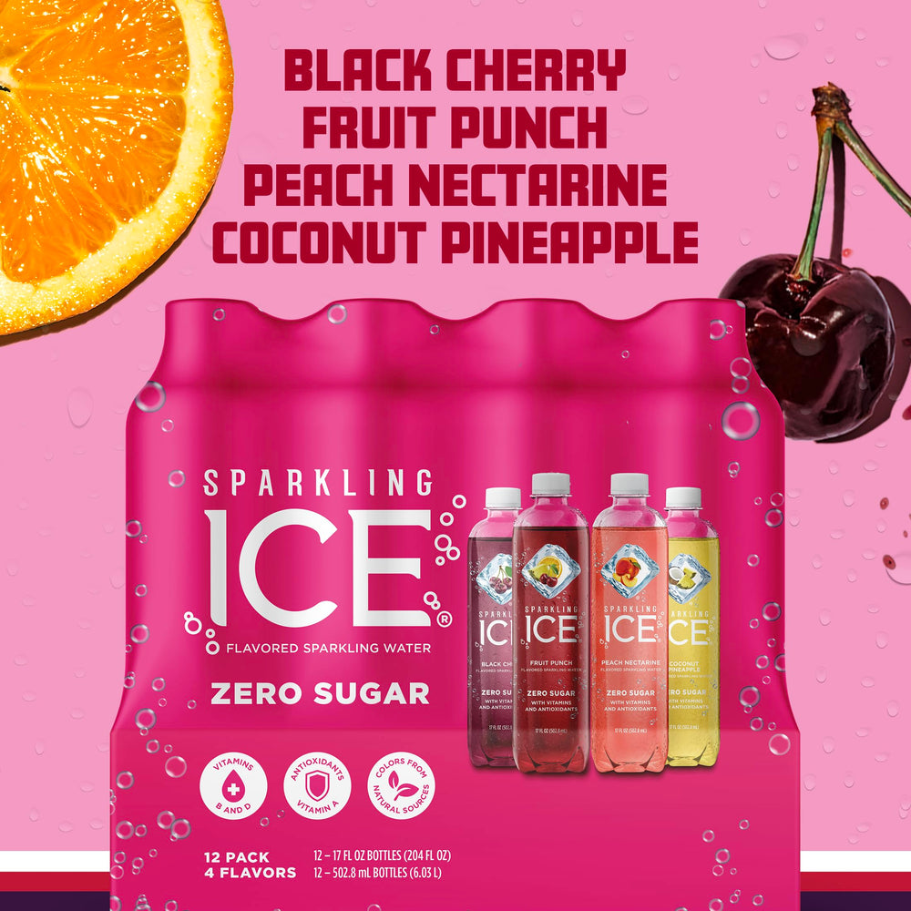 Sparkling Ice Fruit Punch pouring shot showcases bold, zero sugar hydration.