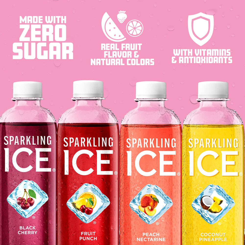 Sparkling Ice pink variety-pack close-up label emphasizes vitamins and antioxidants.