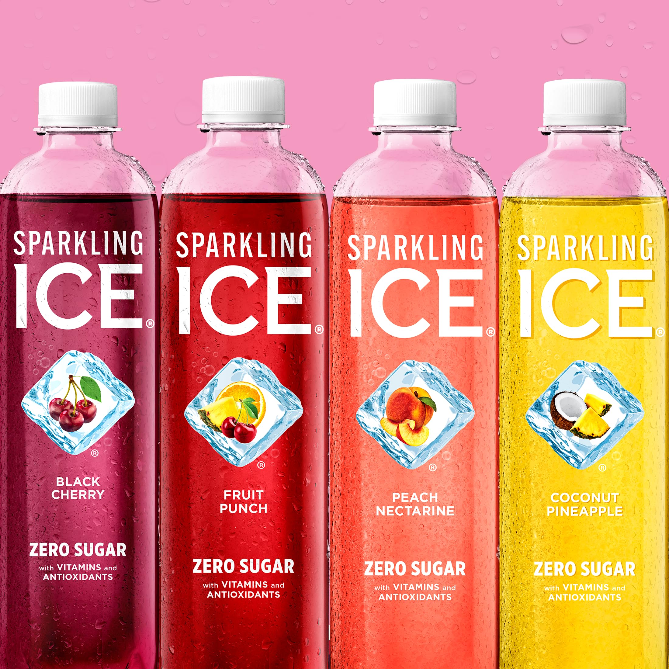 Sparkling Ice reusable bottle and recyclable symbol highlight eco-friendly packaging.